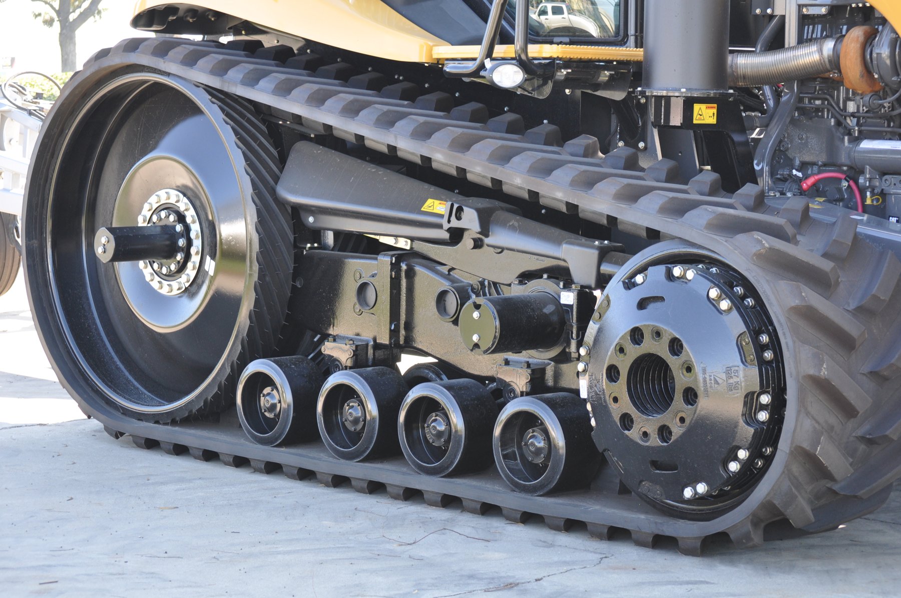 Close up of the bogie wheels inside a Challenger track undercarriage